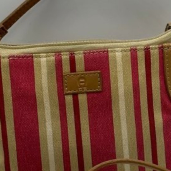 Etienne Aigner Pink and Cream Striped Canvas mini Bag/ Wristlet Bag - Picture 5 of 6